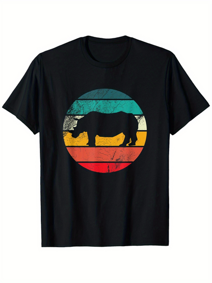 Men's Graphic T-Shirt Retro Sun Stripes With Wild Nature Silhouette Majestic Rhino