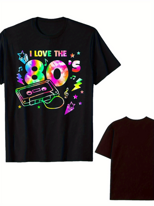 Men's Graphic T-Shirt I Love The Eighties Neon Cassette Tape With Vibrant Colorful Music Notes Lightning