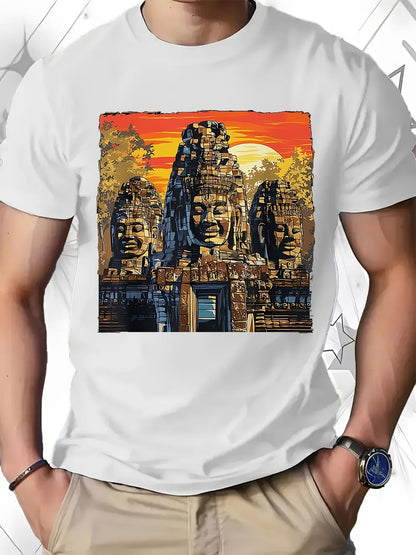 Men's Graphic T-Shirt Golden Sunset With Ancient Stone Faces And Majestic Temple Entrance
