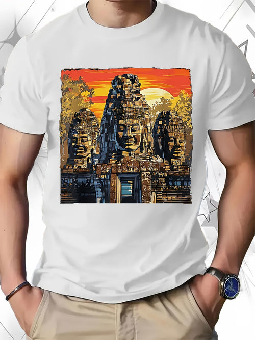 Men's Graphic T-Shirt Golden Sunset With Ancient Stone Faces And Majestic Temple Entrance