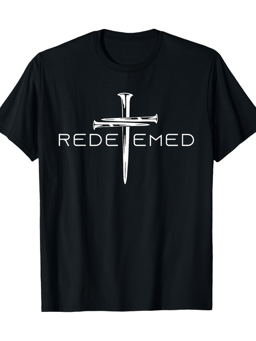 Men's Graphic T-Shirt Redeemed Silver Cross Shaped From Metallic Nails With Bold Typography