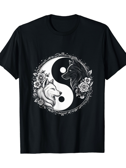 Men's Graphic T-Shirt Yin Yang Surrounded By Flowers Featuring Black And White Wolves