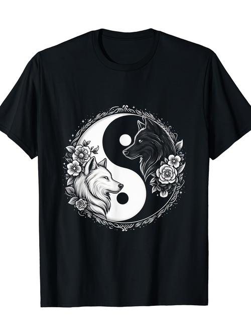 Men's Graphic T-Shirt Yin Yang Surrounded By Flowers Featuring Black And White Wolves