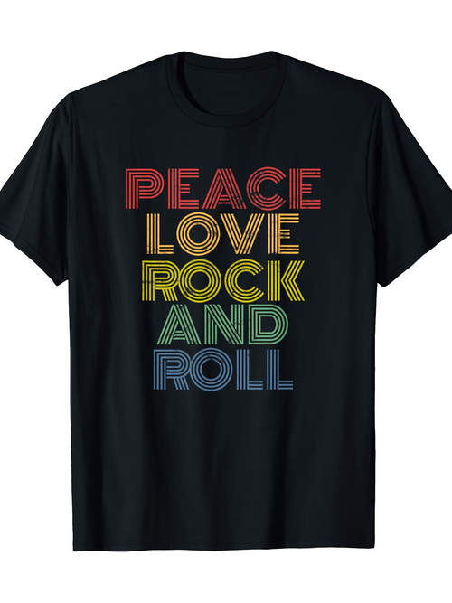 Men's Graphic T-Shirt Peace Love Rock And Roll Vibrant Colored Lettering On Black Cotton T Shirt