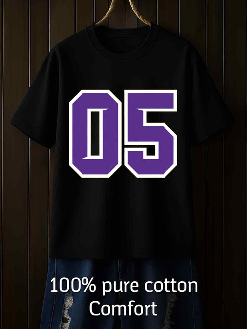 Men's Graphic T-Shirt Sporty Purple Outlined Numbers On Minimalist Black T Shirt