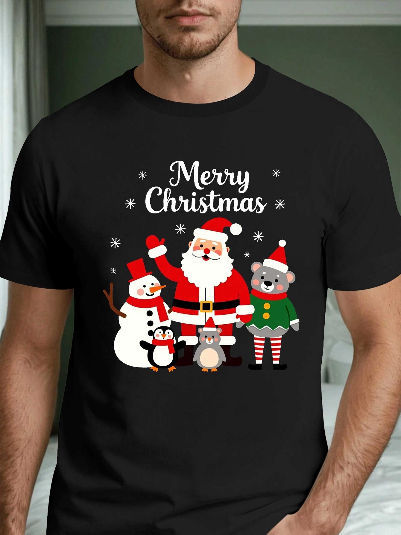 Men's Graphic T-Shirt Merry Christmas Playful Holiday Characters With Santa Surrounded By Snowflakes Reindeer And Penguin