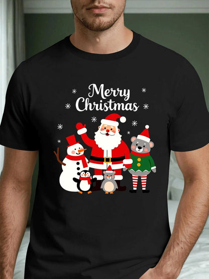 Men's Graphic T-Shirt Merry Christmas Playful Holiday Characters With Santa Surrounded By Snowflakes Reindeer And Penguin