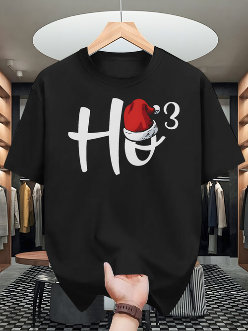 Men's Graphic T-Shirt Ho Ho Ho With Santa Hat Festive Black Holiday T Shirt