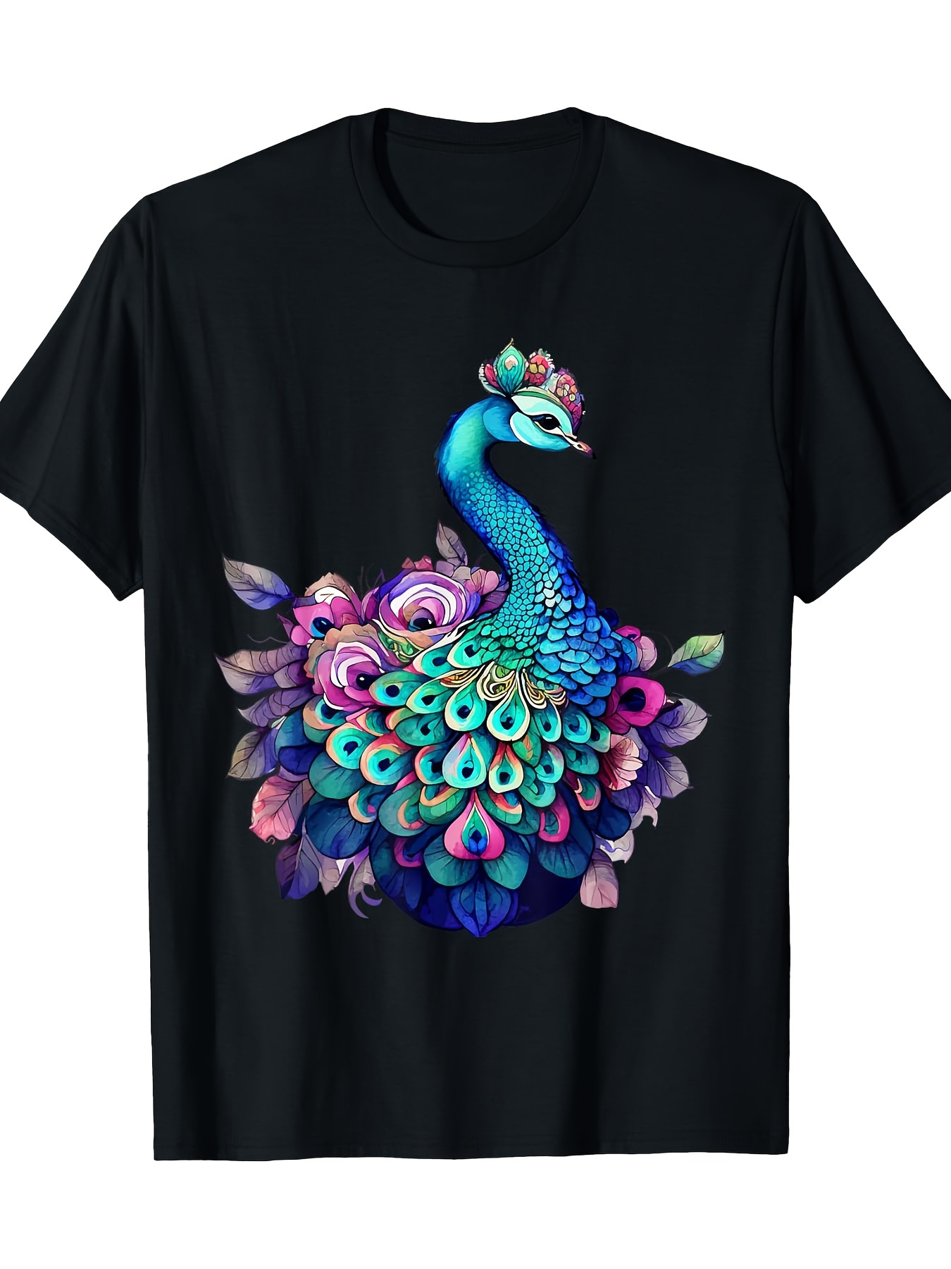 Men's Graphic T-Shirt Colorful Blossoms With Vibrant Feathers Surrounding Majestic Elegant Peacock