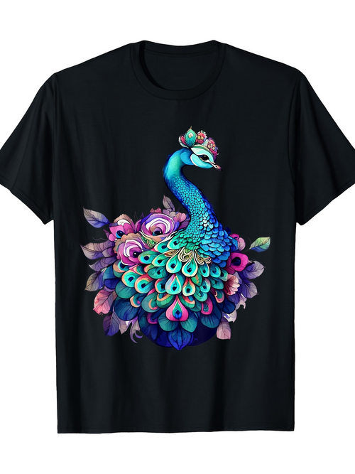 Men's Graphic T-Shirt Colorful Blossoms With Vibrant Feathers Surrounding Majestic Elegant Peacock