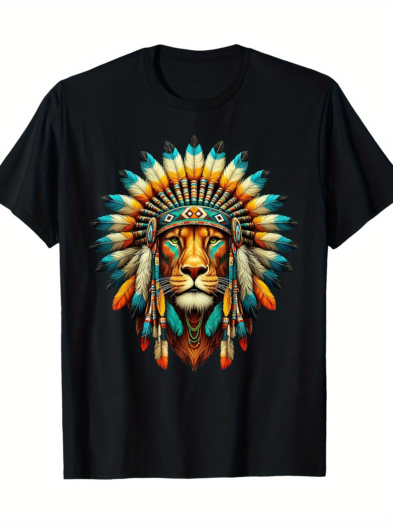 Men's Graphic T-Shirt Vibrant Feathers With Detailed Tribal Headdress Surrounding Strong Majestic Lion