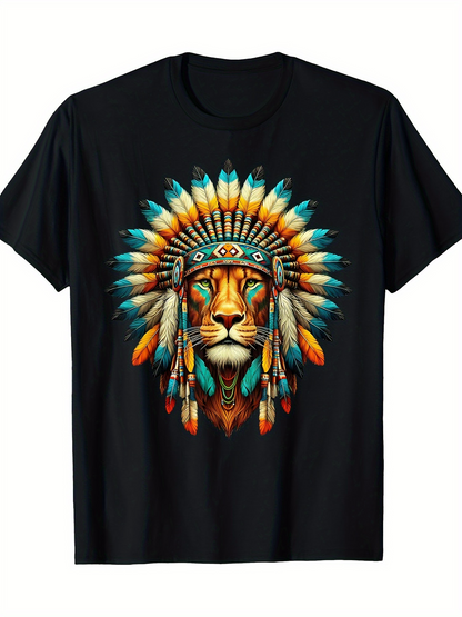 Men's Graphic T-Shirt Vibrant Feathers With Detailed Tribal Headdress Surrounding Strong Majestic Lion