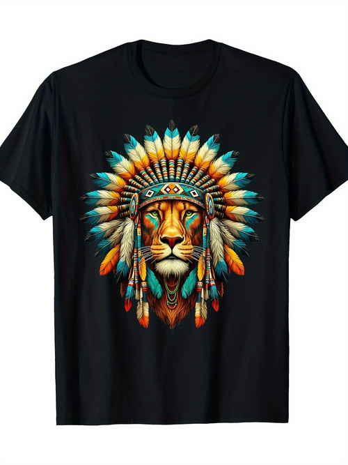Men's Graphic T-Shirt Vibrant Feathers With Detailed Tribal Headdress Surrounding Strong Majestic Lion