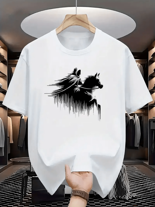 Men's Graphic T-Shirt Abstract Silhouette With Flowing Lines Of Mysterious Man On Horse