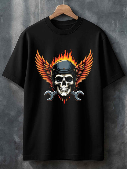 Men's Graphic T-Shirt Fiery Wings With Flaming Helmet Skull And Crossed Wrench Skull