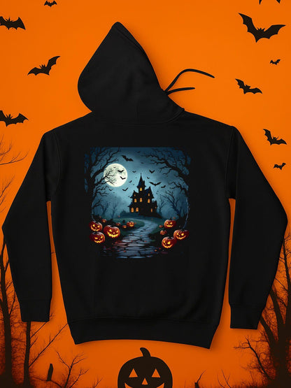 Men's Graphic Hoodie Full Moon Night With Haunted House Surrounded By Glowing Pumpkins And Bats