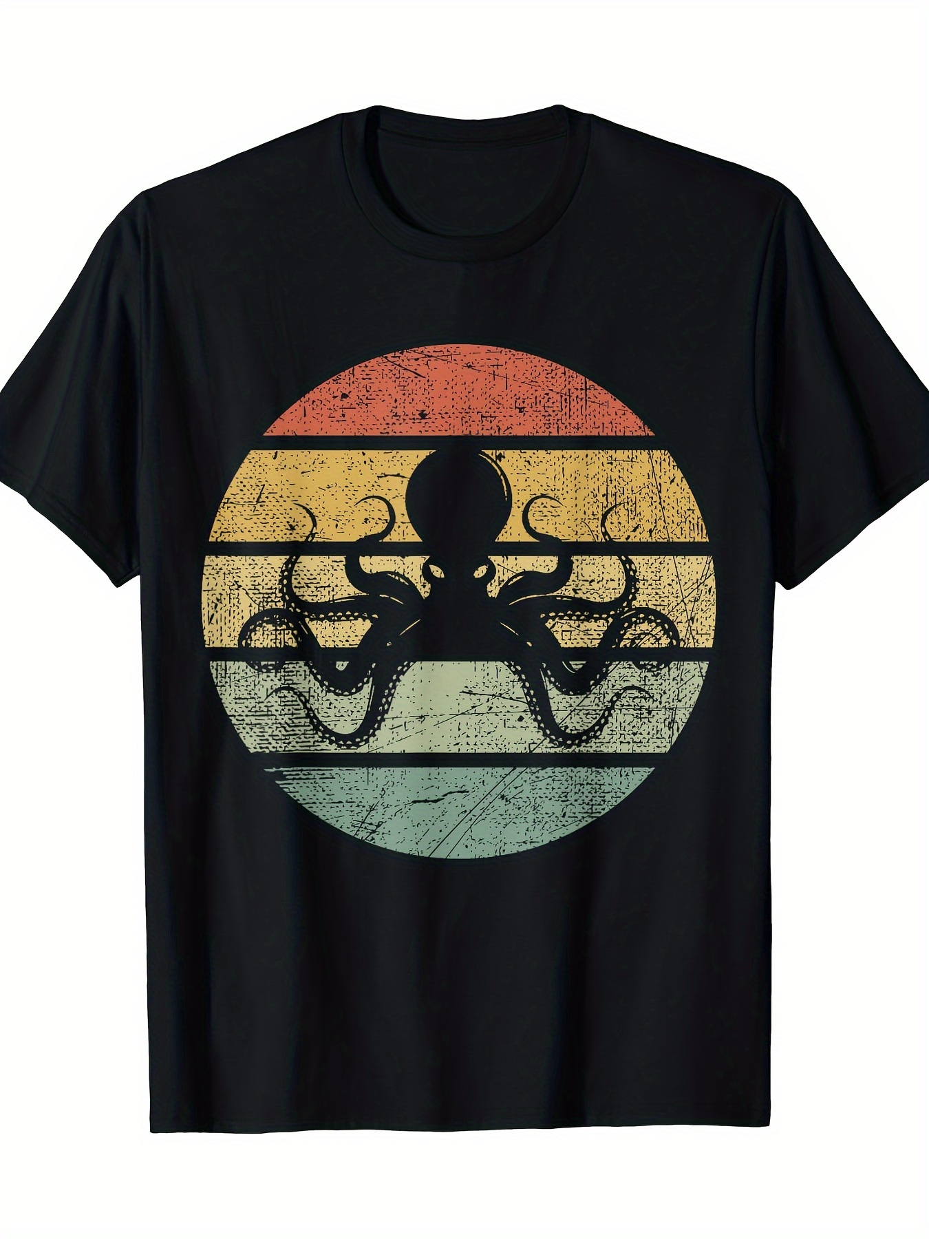 Men's Graphic T-Shirt Retro Faded Striped Sunset With Silhouette Octopus Graphic T Shirt