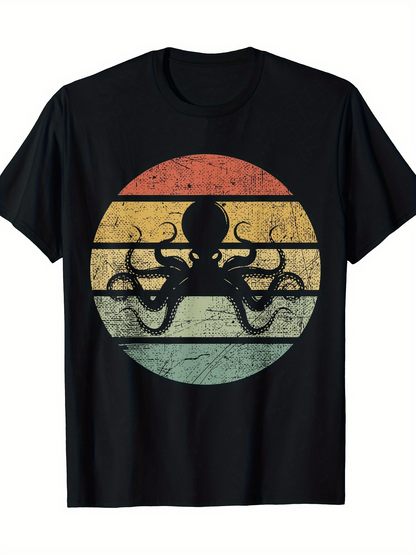 Men's Graphic T-Shirt Retro Faded Striped Sunset With Silhouette Octopus Graphic T Shirt