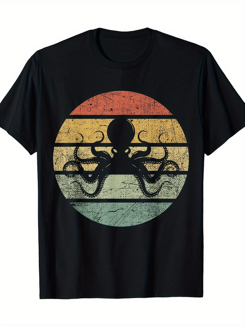 Men's Graphic T-Shirt Retro Faded Striped Sunset With Silhouette Octopus Graphic T Shirt