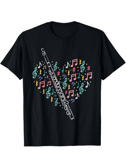 Men's Graphic T-Shirt Colorful Melodic Music Notes With Silver Flute Centerpiece Heart Shape Flute