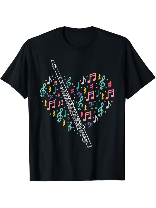 Men's Graphic T-Shirt Colorful Melodic Music Notes With Silver Flute Centerpiece Heart Shape Flute