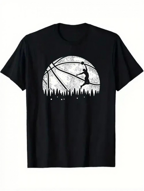 Men's Graphic T-Shirt Silhouette Horizon Among Grass With Sunset Basketball Player Scene