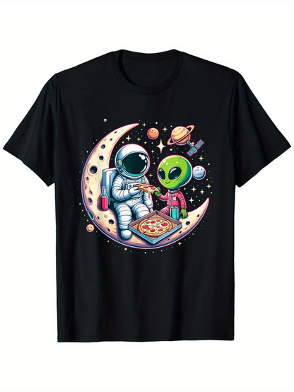 Men's Graphic T-Shirt Playful Astronaut Sharing Pizza With Friendly Green Alien