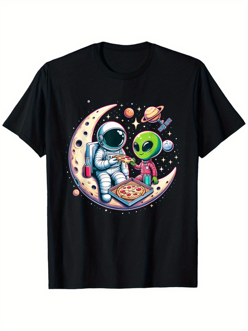 Men's Graphic T-Shirt Playful Astronaut Sharing Pizza With Friendly Green Alien