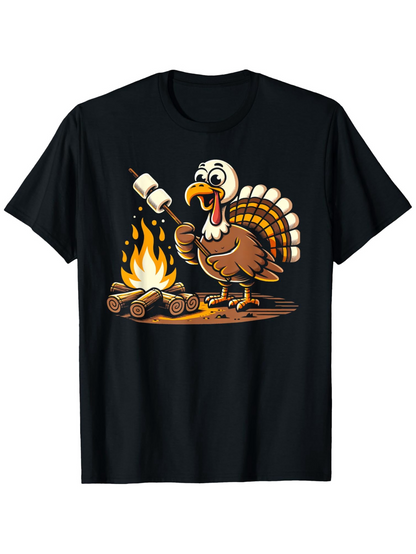 Men's Graphic T-Shirt Campfire Flames With Cartoon Turkey Roasting Marshmallow And Logs
