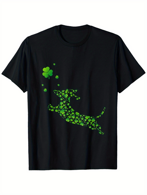 Men's Graphic T-Shirt Playful Green Shamrock Patterned Leaping Dog Under Floating Clovers