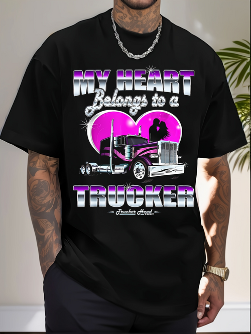 Men's Graphic T-Shirt My Heart Belongs To A Pink Sunset With Semi Truck