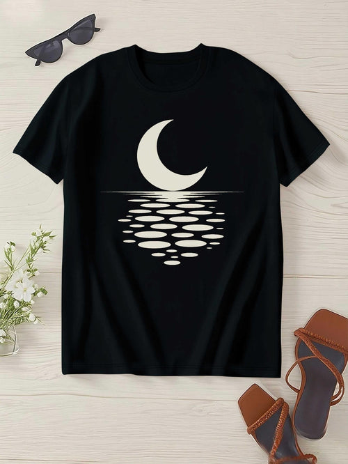Men's Graphic T-Shirt Reflected Crescent Moon Over Calm Rippling Water Night Scene