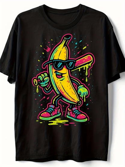 Men's Graphic T-Shirt Neon Style Cartoon Banana Wearing Sneakers With Baseball Bat