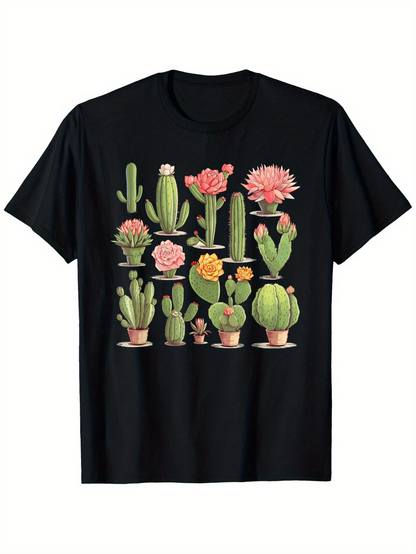Men's Graphic T-Shirt Blooming Pots With Vibrant Pink Orange Flowers And Succulent Green Cactus