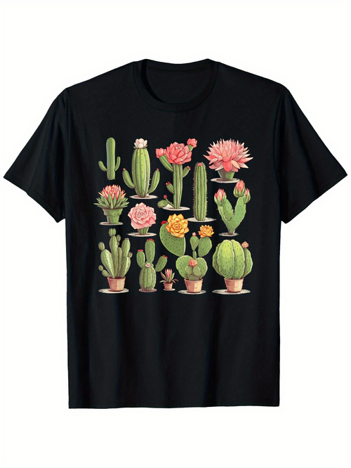 Men's Graphic T-Shirt Blooming Pots With Vibrant Pink Orange Flowers And Succulent Green Cactus