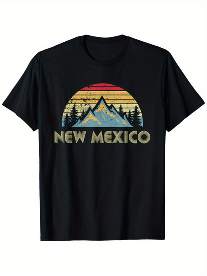 Men's Graphic T-Shirt New Mexico Retro Sunset With Silhouetted Pine Trees And Majestic Mountain