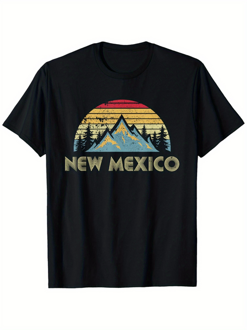 Men's Graphic T-Shirt New Mexico Retro Sunset With Silhouetted Pine Trees And Majestic Mountain