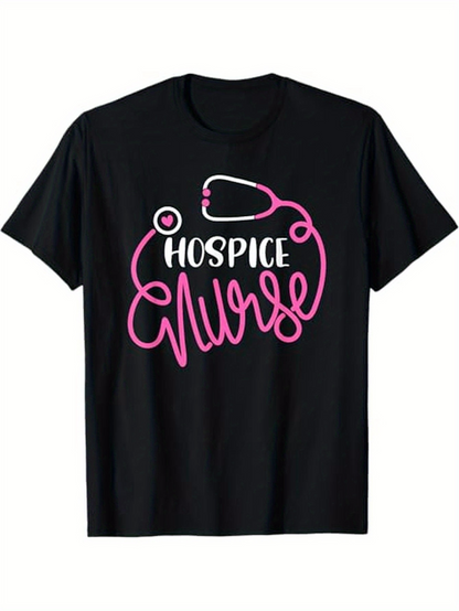 Men's Graphic T-Shirt Hospice Nurse With Pink Stethoscope Graphic And Flowing Cursive Lettering