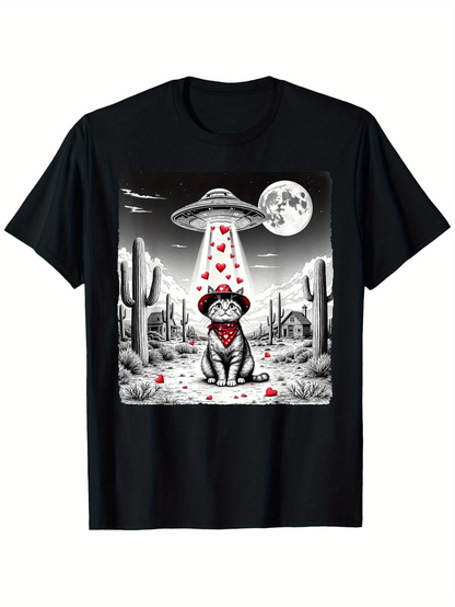 Men's Graphic T-Shirt Starry Desert Night With UFO Hearts Beaming Down On Bandana Dog