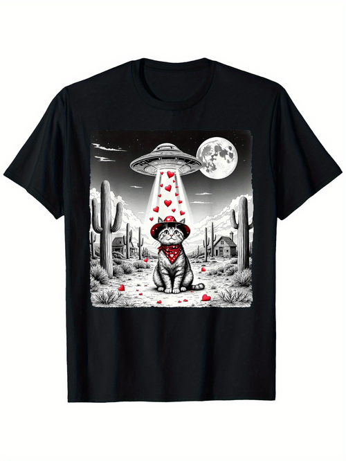 Men's Graphic T-Shirt Starry Desert Night With UFO Hearts Beaming Down On Bandana Dog