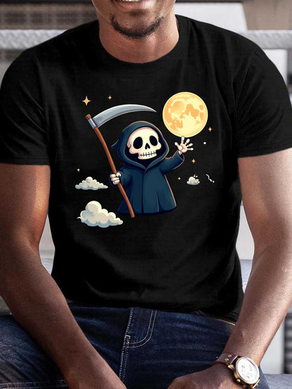 Men's Graphic T-Shirt Playful Grim Reaper Under Full Moon With Scythe Surrounded By Stars And Clouds