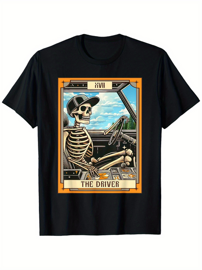 Men's Graphic T-Shirt The Driver Skeleton Wearing Cap In Vintage Style Car Interior
