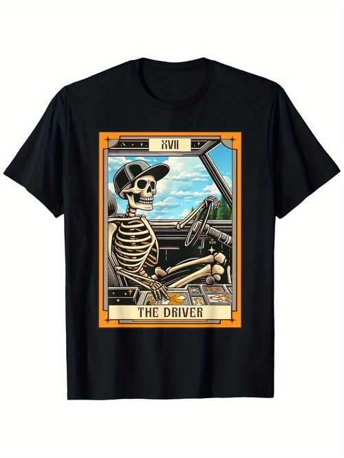 Men's Graphic T-Shirt The Driver Skeleton Wearing Cap In Vintage Style Car Interior