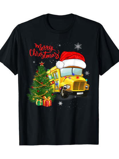 Men's Graphic T-Shirt Merry Christmas Holiday Tree With Festive Lights School Bus