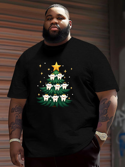Men's Graphic T-Shirt Christmas Tree With Twinkling Lights Smiling Tooth Pattern Star Adorned Top