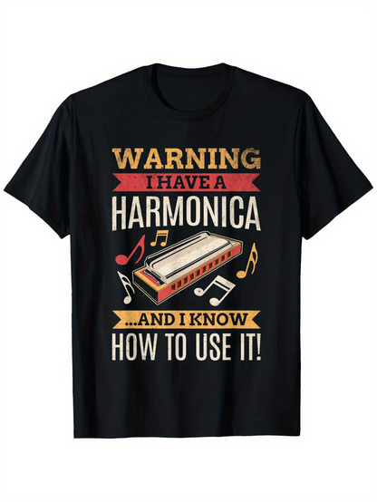 Men's Graphic T-Shirt Warning I Have A Harmonica Surrounded By Musical Notes And Classic Instrument Design Harmonica