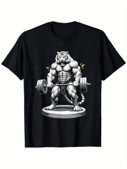 Men's Graphic T-Shirt Muscular Strong Animal Tiger Lifting Heavy Barbell Weights