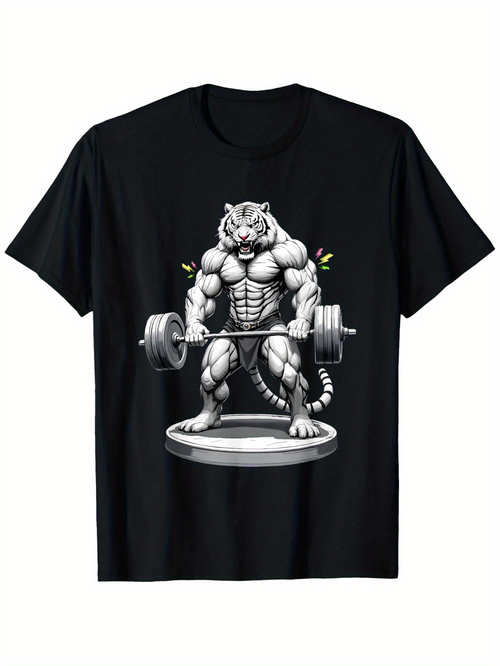 Men's Graphic T-Shirt Muscular Strong Animal Tiger Lifting Heavy Barbell Weights