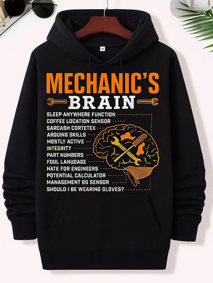 Men's Graphic Hoodie Mechanics Brain With Labeled Diagram Of Orange Wrenches And Dotted Brain