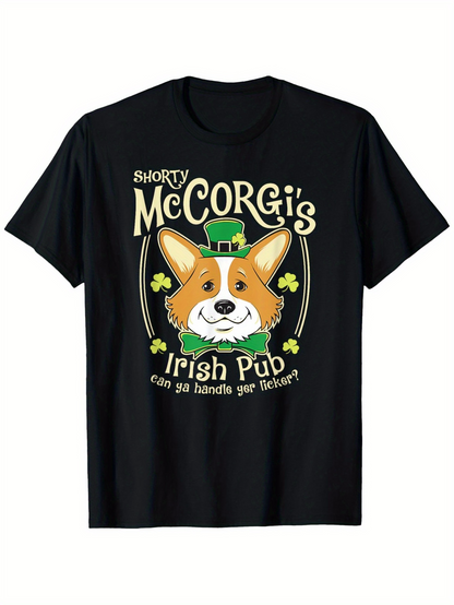 Men's Graphic T-Shirt Funny Irish Pub Clover With Green Hat And Cartoon Corgi Dog